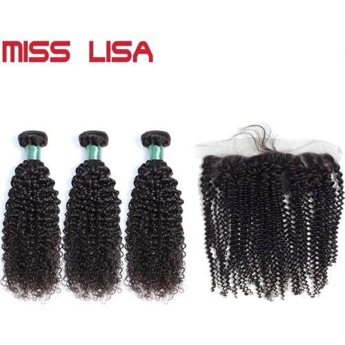 MISS LISA Kinky Curly Bundles With 13*4 Lace Frontal Non-Remy Brazilian Human Hair Weave Bundles With Frontal Hair Extension