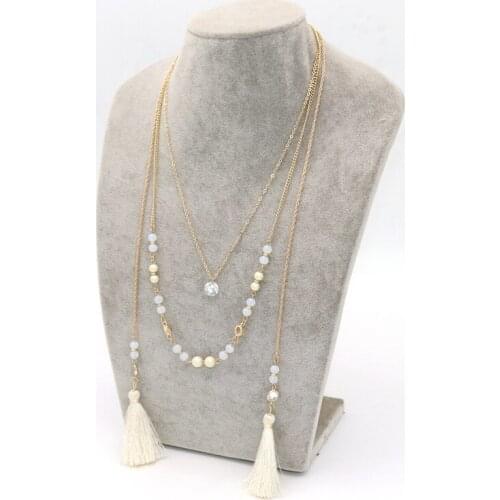 2018 New Crystal Jewelry White Natural Stone Beige Beads Multilayer Necklace Double White Tassel Necklaces