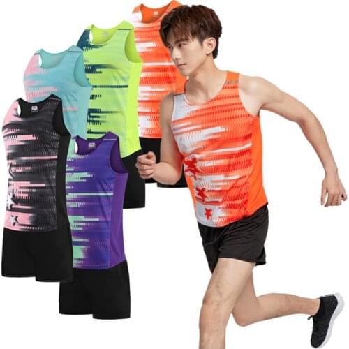 Men Sports Suits Quick Dry Slim Fit Marathon Running Track And Field Tracksuits Fashion Prints Gym Sportswear Vest+Shorts Set