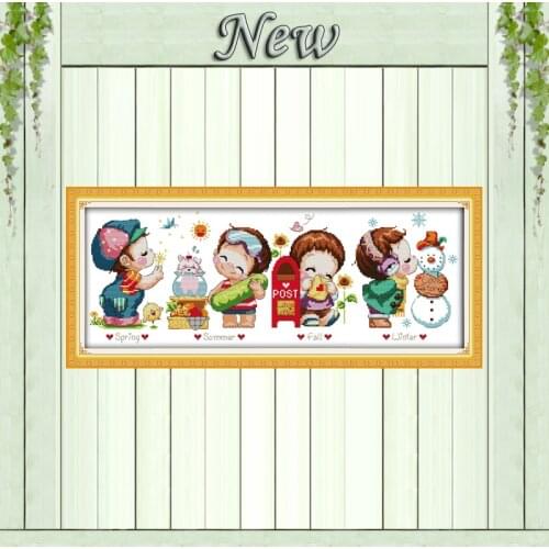 The four seasons boy lovely painting counted printed on canvas DMC 11CT14CT Chinese Cross Stitch kits embroidery needlework Sets