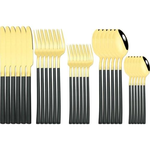 6People Black Gold Tableware Stainless Steel Cutlery Set Knife Dessert Fork Tea Spoon Dinnerware Kitchen Flatware Silverware Set