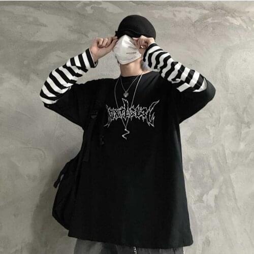 NiceMix Gothic Harajuku Patchwork Striped Women T-shirt Fake 2 Pieces Women T Shirt Letter Print Long Sleeve Lady Women Top 2021