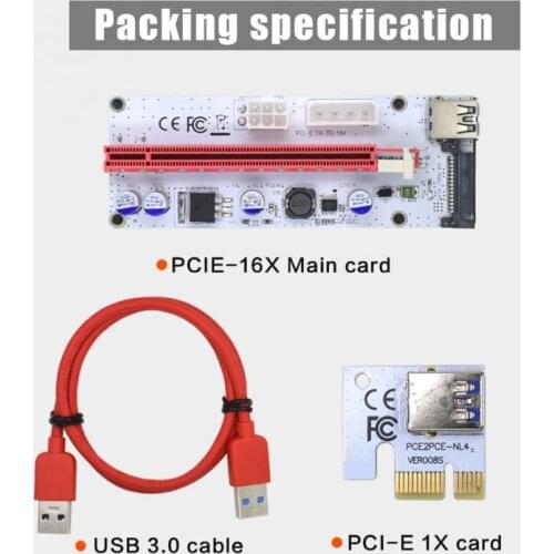 TISHRIC VER008S Molex 4Pin SATA 6PIN PCI Express PCIE PCI-E Riser Card 008s 008 Adapter 1X To 16X USB3.0 Extender Mining Miner