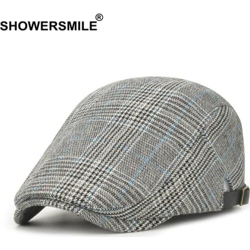SHOWERSMILE Gray Plaid Male Beret Flat Cap Men Cotton High Quality British Style Vintage Adjustable Brand Ivy Hats