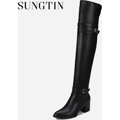 Sungtin Autumn Winter Black Plush Warm Thigh High Boots Women Pu High Heel Long Riding Boots Ladies Plus Size Motorcycle Boots