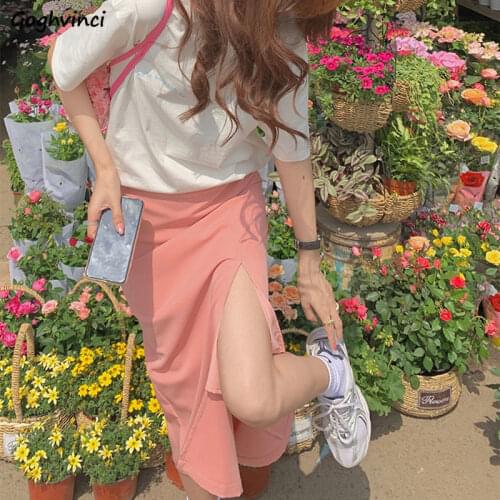 Skirts Women Sexy Sweet High Waist Side-slit Temperament Summer Womens Solid BF Korean Style Girls Elegant All-match Streetwear