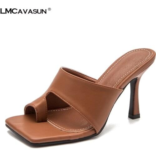 LMCAVASUN 36-42 Brown Slippers Cozy Cup Heel Shoes Woman Sandals Sexy Square Open Toe Party High Heels shoes