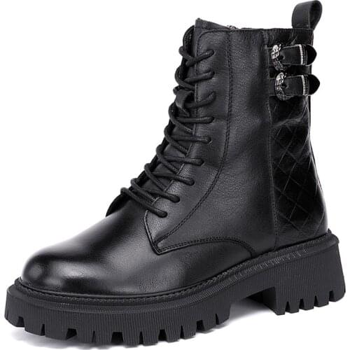 Ladies Lace Up Thick Heel Boots Women Round Toe Side Zipper Design Winter Genuine Leather Ankle Boots