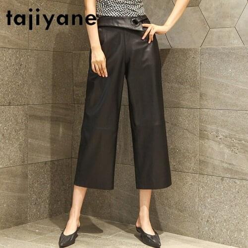 Tajiyane Women Bottoms Pants Autumn 2020 Woman Real Leather Trousers Woman 100% Sheepskin Wide Leg Fashion Pants Spodnie TN1204