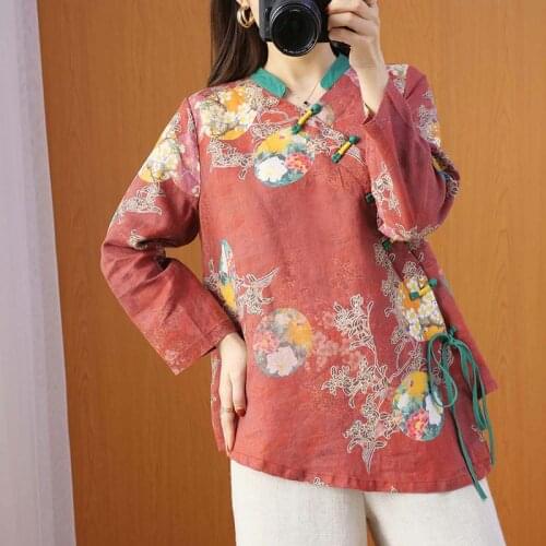 Oversized Women Long Sleeve Casual Shirts New Arrival 2021 Spring Chinese Style Vintage Print Loose Female Tops Shirt S3948