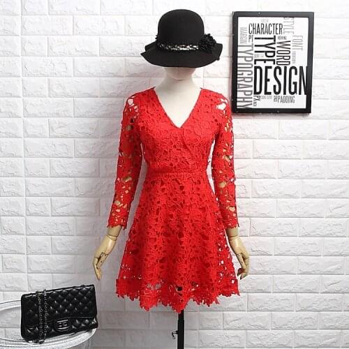 Alpha Autumn Women Lace Dress Long Sleeve V-neck Hollow Out Embroidery Ribbon Ladies Sweet Mini Lace Dress 5colors