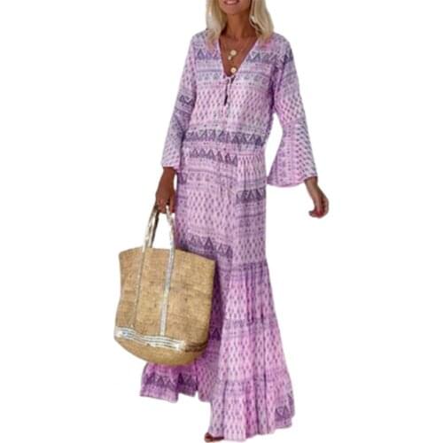 New Autumn Women Dress Elegant Geometric Print Plus Size Flare Sleeve V Neck Ruffled Hem Bohemian Dresses Beachwear