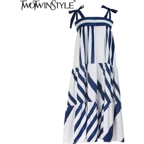 TWOTWINSTYLE Striped Dress For Women Off Shoulder Sleeveless Bowknot Lace Up Oversize Dresses Female Fashion Summer New Tide