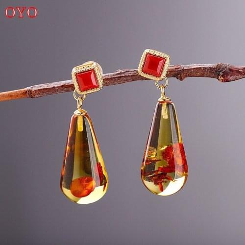 100% S925 Silver Fashion Lady Amber Stud Earrings New Products