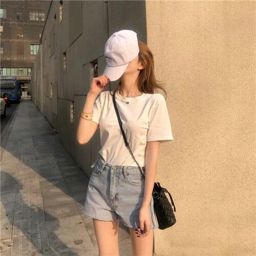 2021Summer Women Cotton T-shirt O-Neck Short Sleeve Female Tee Slim T-Shirt Casual Solid Lady Tshirt Tops