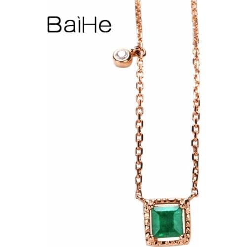 BAIHE Solid 18K Rose Gold 3.5mm*3.5mm Natural Emerald Wedding Women Trendy Jewelry Square Emerald diamonds Necklaces