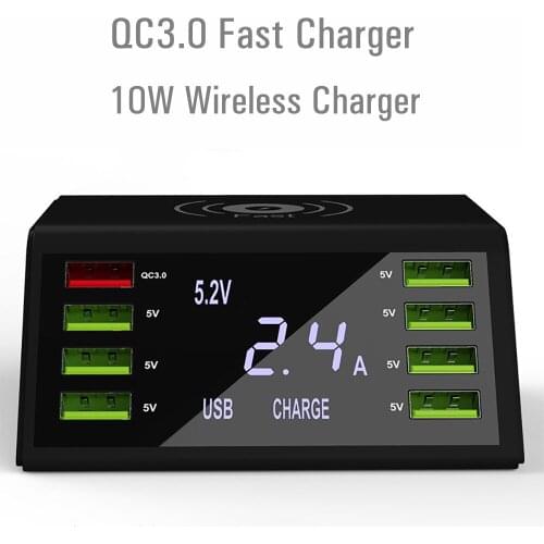 QC3.0 Fast Charger Station with 10W Wireless Charger 8Ports USB 60W Power Adaptor for Phone Tablet Smart Devices Charger Station