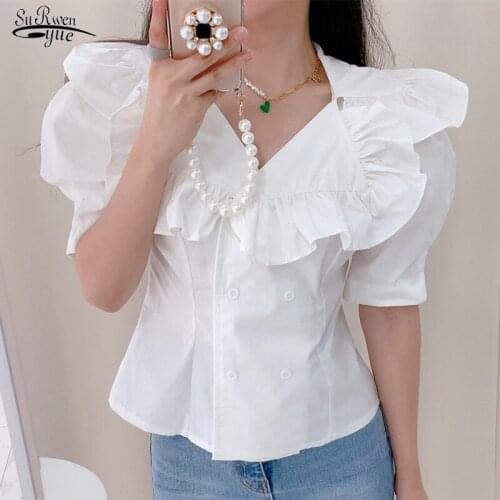 Korean Chic Ruffles Women Blouses Summer V-neck Puff SleeveTops Loose Vintage Woman Shirt Button Turn-down Collar Blouse 15729