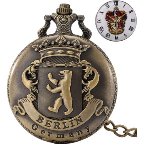 Germany Berlin Carved Bear Quartz Pocket Watch Vintage Necklace Round Dial Lovely Bronze Pendant Chain Fob Clock Men Women Gifts