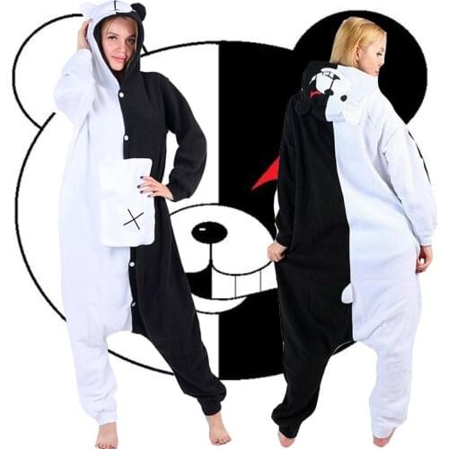 Black White Bear Animal Homewear Danganronpa Monokuma Kigurumi Costume Pajamas Women Men Cosplay Cartoon Polar Fleece Sleepwear