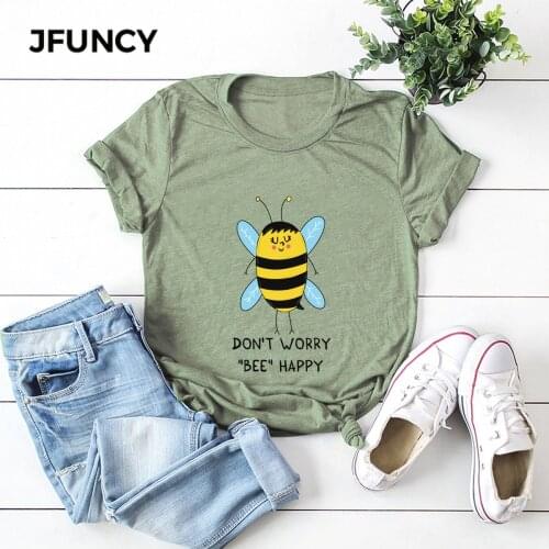 JFUNCY Cute Little Bee Print Women T Shirt Cotton Short Sleeve Summer Tops Woman Tee Shirts Female Plus Size Casual T-shirt