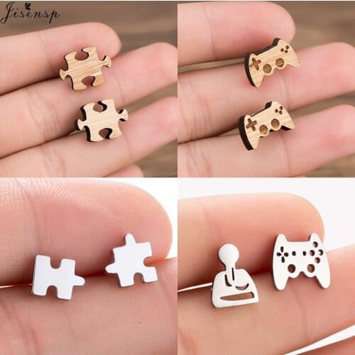 Jisensp Punk Fashion Gamepad Stud Earrings Korean Style Vintage Puzzle Wooden Earrings for Women Men Party Gift bijoux