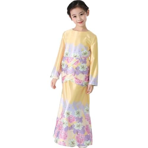 Kids Girls Two-Piece Outfits Suits Muslim Flowers Print Set Long Sleeve Round Neck Tops Elastic Waist Long Skirt