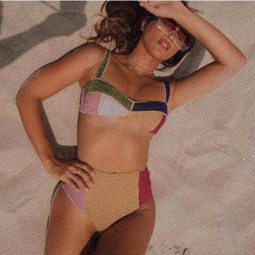 2021 New Sexy Women Splicing Bikini Set Sleeveless Back Tie Up Bra High Waist Panties for Summer Beach Bathing Suits Beachwear