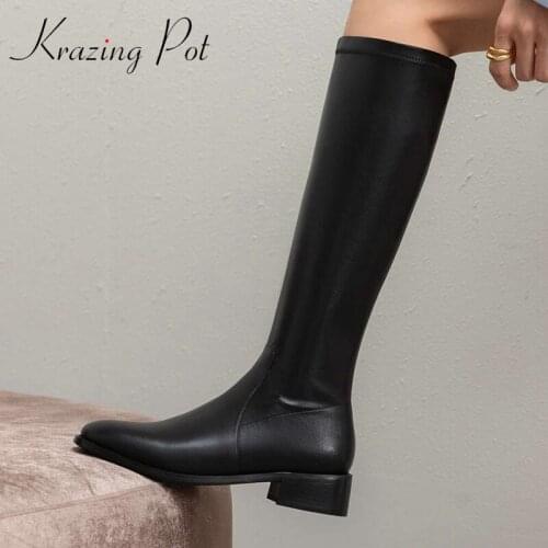 Krazing Pot big size cow leather square toe med heel winter shoes keep warm European style simple solid cozy knee-high boots L58
