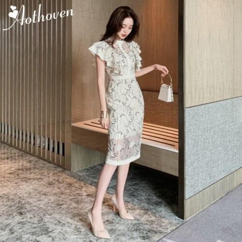 Summer Vintage Lace Pencil Dress Ruffles Short Sleeve Stand Collar Backless Dress Women Office Sexy Party Ladies Dresses Vestido