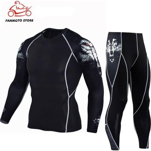 Mens Sports Motorcycle Running Set Compression T-Shirt + Pants Skin Tire Long Sleeves Fitness Rashguard MMA Training Clothes