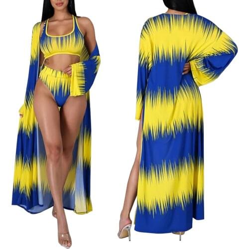 Newest Arrival Women 3Pcs Bikini Set Sports Style Strap Bra with Briefs and Coat Ladies Color Blocking Swimwear Beach Set Suits