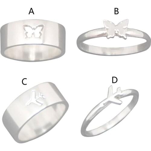 Matching Butterfly Couple Promise Rings Silver Color Hollow Butterfly Aircraft Plane Couple Rings for Men Women Wedding Jewelry