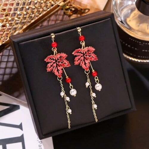 Creative fashion red maple leaf long tassel earrings temperament wild ear jewelry female party birthday gift