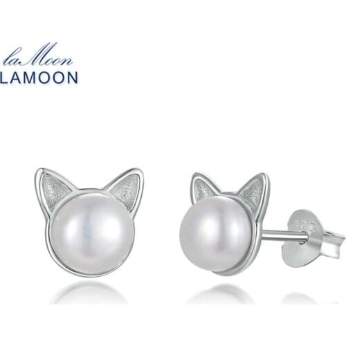 LAMOON EY168 White Bead Pearl Little Cat Ears Stud Earrings S925 Sterling Sliver Women Wedding Party Bridal Fashion Jewelry