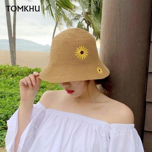 2020 Summer Fashion Womens Sun Hat for Couples Korea Foldable Lady Straw Bucket Fishing Hats Sunscreen Sun Cap Daisy Embroidery