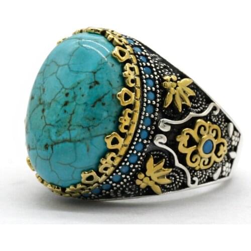 Brand New 925 Sterling Silver Mens Natural Turquoise Ring, Vintage Engraving Design, With Blue CZ Zircon Punk Rock Male Ring T