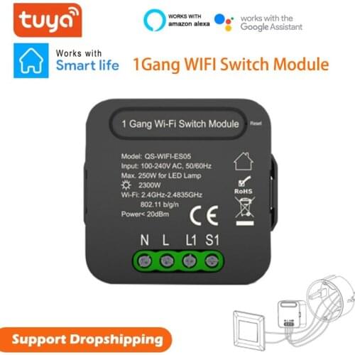 Tuya Mini Smart Wifi DIY Switch Zero Fire 100-240VAC 1Gang Smart Home Automation Module, Works With Alexa Google Home
