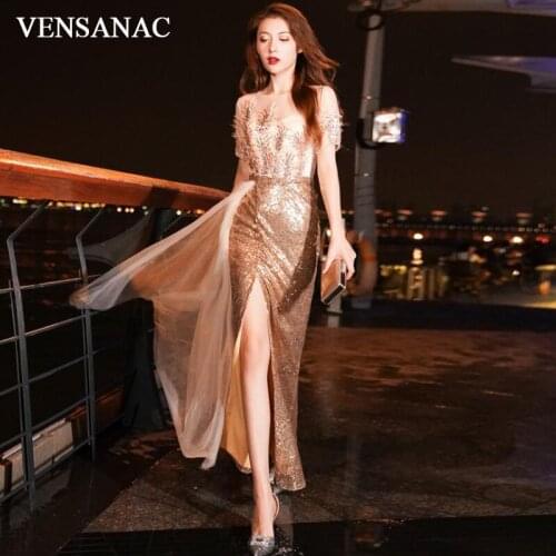VENSANAC Illusion O Neck Sequined Mermaid Long Evening Dresses Short Sleeve Backless Party Prom Gowns