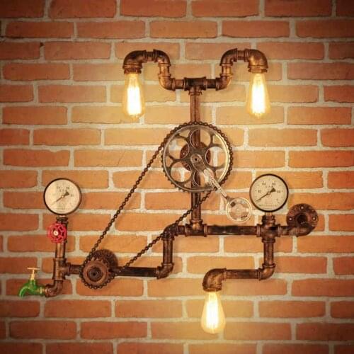 Vintage Retro Loft Industrial Wind Bicycle Wheel Gear Wall Lamp Wrought Rustic Iron Water Pipe Wall Sconce for Cafe Bar Club