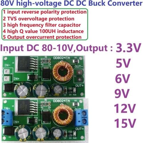 High-Voltage DC-DC Buck Converter Module Step-Down Voltage Regulator Board 80V 72V 64V 60V 48V 36V 24V to 15V 12V 9V 6V 5V 3.3V
