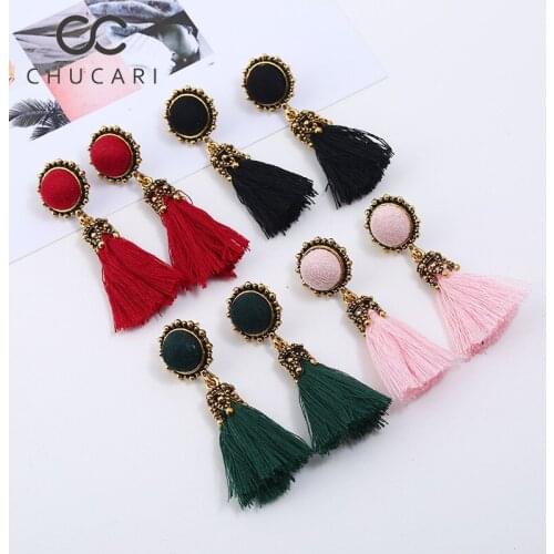 CHUCARI Bohemian Crystal Tassel Earrings Black White Blue Red Pink Silk Fabric Long Drop Dangle Dangle Earring for Women Jewelry