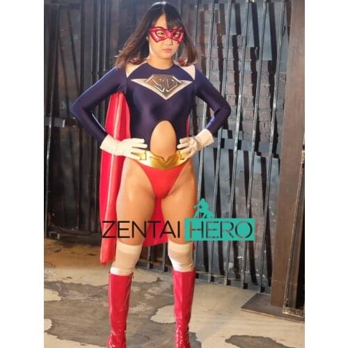 New Hot Sexy Navy Lycra Gigalady Womens Bodysuit Zentai Catsuit Game Movie Fancy Dress Zentai Suit with Cape