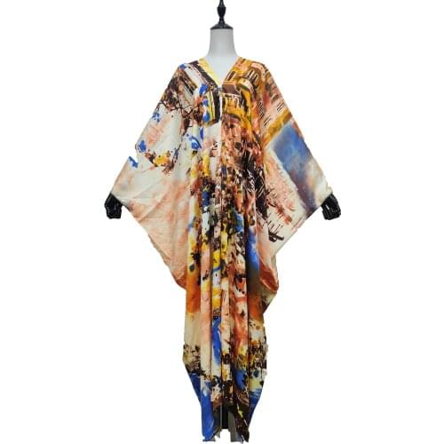 Женская одежда 2021 Printed Bohemian Full Length Silk Dubai Abaya Muslim Dresses Free Size V-Neck Kuwait Summer Beach Kaftan