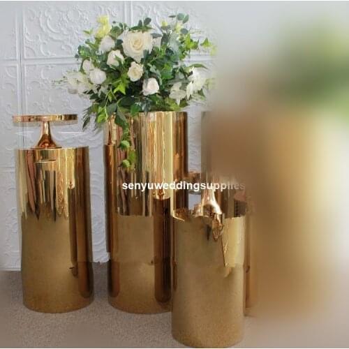 Gold acrylic mirror round cube box pillars column plinths pedestal flower stand for wedding event decoration