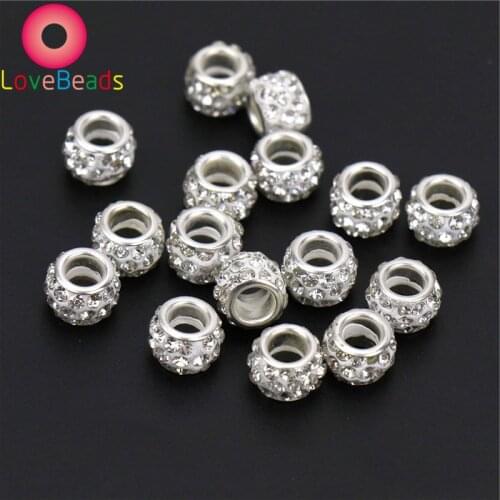 20Pcs Color Glass Sparkle Crystal Rhinestone European Beads 5mm Big Hole Silver Plated Core Fit Pandora Charms Bracelet Jewelry