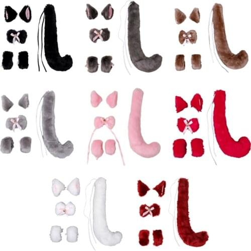6 Pieces Animal Roleplay Furry Set Kitty Ear Headwear Long Fur Wolf Tail Anime Lolita Gothic Accessory for Costume Party