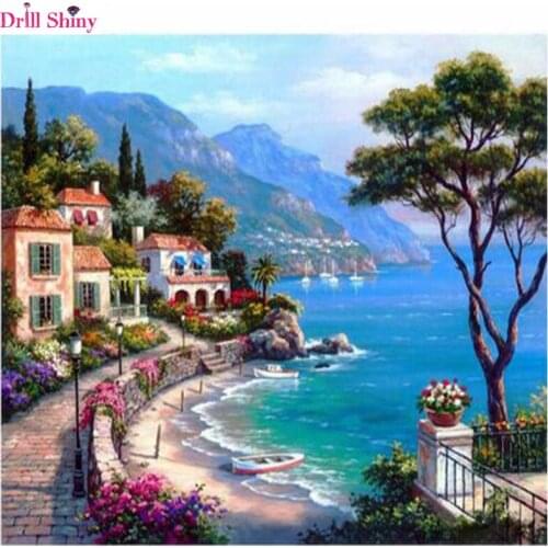 Drill Shiny Diamond mosaic full diamond embroidery beads Beautiful Seaside Town Trees diamond cross stitch Square diamond Gift