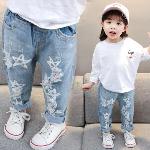 Baby Girl Spring Autumn Jeans Childrens Cotton Lovely Star Print Fashion Ripped Denim Trousers Kids Clothing Child Clothes Girl