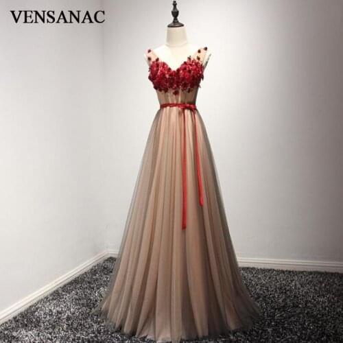 VENSANAC V Neck Crystal A Line Flowers Appliques Long Evening Dresses Party Lace Bow Sash Backless Prom Gowns